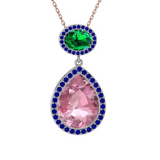 Lupine Kolye - Pembe kuvars, yeşil kuvars ve lab safir 18 ayar beyaz altın kolye (40 cm rose altın rolo zincir) #18fymdk