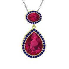 Rodolit garnet ve lab safir 18 ayar altın kolye (40 cm gümüş rolo zincir)
