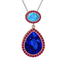 Lupine Kolye - Lab safir, akuamarin ve rodolit garnet 925 ayar rose altın kaplama gümüş kolye (40 cm gümüş rolo zincir) #18x0l3n