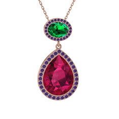 Rodolit garnet, yeşil kuvars ve ametist 8 ayar rose altın kolye (40 cm rose altın rolo zincir)