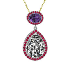 Lupine Kolye - Beyaz zirkon, ametist ve rodolit garnet 14 ayar beyaz altın kolye (40 cm altın rolo zincir) #1900q1o