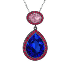 Lab safir, pembe kuvars ve rodolit garnet 925 ayar siyah rodyum kaplama gümüş kolye (40 cm gümüş rolo zincir)