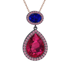 Lupine Kolye - Rodolit garnet, lab safir ve pembe kuvars 925 ayar siyah rodyum kaplama gümüş kolye (40 cm gümüş rolo zincir) #1985yow