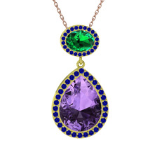 Lupine Kolye - Ametist, yeşil kuvars ve lab safir 14 ayar altın kolye (40 cm rose altın rolo zincir) #19qm2h4
