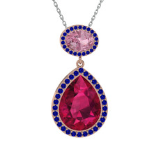 Rodolit garnet, pembe kuvars ve lab safir 18 ayar rose altın kolye (40 cm gümüş rolo zincir)