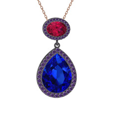 Lab safir, rodolit garnet ve ametist 925 ayar siyah rodyum kaplama gümüş kolye (40 cm rose altın rolo zincir)