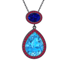 Lupine Kolye - Akuamarin, lab safir ve rodolit garnet 925 ayar siyah rodyum kaplama gümüş kolye (40 cm gümüş rolo zincir) #1afd64