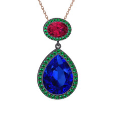 Lupine Kolye - Lab safir, rodolit garnet ve yeşil kuvars 925 ayar siyah rodyum kaplama gümüş kolye (40 cm rose altın rolo zincir) #1ahfe32