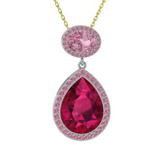 Rodolit garnet ve pembe kuvars 8 ayar beyaz altın kolye (40 cm altın rolo zincir)