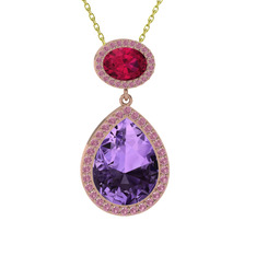 Lupine Kolye - Ametist, rodolit garnet ve pembe kuvars 14 ayar rose altın kolye (40 cm altın rolo zincir) #1b4mmz7