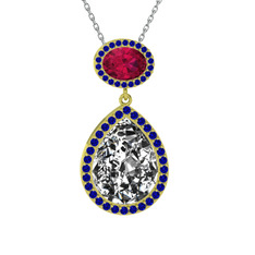 Beyaz zirkon, rodolit garnet ve lab safir 18 ayar altın kolye (40 cm beyaz altın rolo zincir)