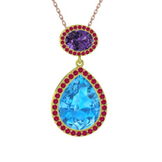 Lupine Kolye - Akuamarin, ametist ve rodolit garnet 8 ayar altın kolye (40 cm rose altın rolo zincir) #1bcggzo