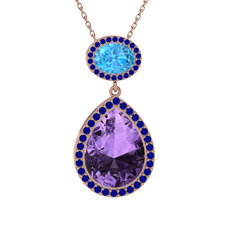 Ametist, akuamarin ve lab safir 14 ayar rose altın kolye (40 cm rose altın rolo zincir)