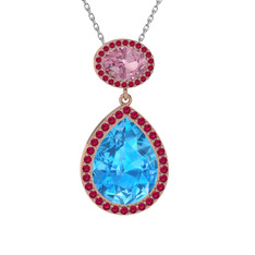 Akuamarin, pembe kuvars ve rodolit garnet 18 ayar rose altın kolye (40 cm gümüş rolo zincir)
