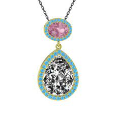 Beyaz zirkon, pembe kuvars ve akuamarin 925 ayar altın kaplama gümüş kolye (40 cm gümüş rolo zincir)