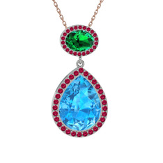 Akuamarin, yeşil kuvars ve rodolit garnet 14 ayar beyaz altın kolye (40 cm rose altın rolo zincir)