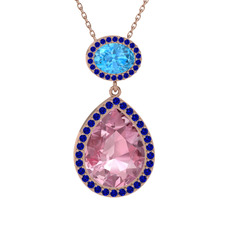 Lupine Kolye - Pembe kuvars, akuamarin ve lab safir 18 ayar rose altın kolye (40 cm rose altın rolo zincir) #1c7daqc