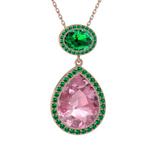 Pembe kuvars ve yeşil kuvars 14 ayar rose altın kolye (40 cm gümüş rolo zincir)