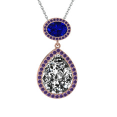 Beyaz zirkon, lab safir ve ametist 925 ayar rose altın kaplama gümüş kolye (40 cm beyaz altın rolo zincir)