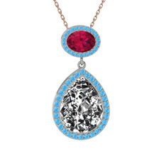 Beyaz zirkon, rodolit garnet ve akuamarin 18 ayar beyaz altın kolye (40 cm rose altın rolo zincir)