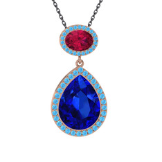 Lab safir, rodolit garnet ve akuamarin 925 ayar rose altın kaplama gümüş kolye (40 cm gümüş rolo zincir)
