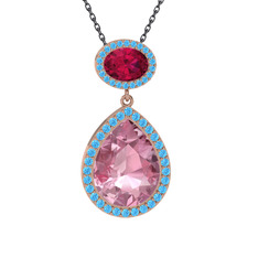 Lupine Kolye - Pembe kuvars, rodolit garnet ve akuamarin 8 ayar rose altın kolye (40 cm gümüş rolo zincir) #1dcke7f