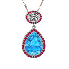 Akuamarin, beyaz zirkon ve rodolit garnet 14 ayar beyaz altın kolye (40 cm rose altın rolo zincir)
