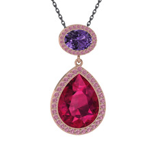 Rodolit garnet, ametist ve pembe kuvars 18 ayar rose altın kolye (40 cm gümüş rolo zincir)