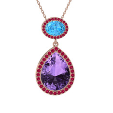 Ametist, akuamarin ve rodolit garnet 8 ayar rose altın kolye (40 cm rose altın rolo zincir)