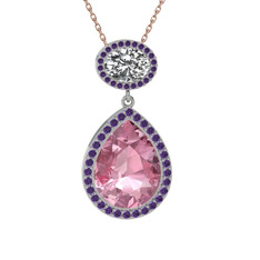 Pembe kuvars, beyaz zirkon ve ametist 14 ayar beyaz altın kolye (40 cm rose altın rolo zincir)
