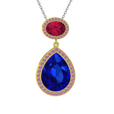 Lab safir, rodolit garnet ve pembe kuvars 8 ayar altın kolye (40 cm gümüş rolo zincir)