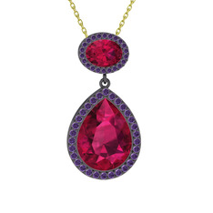 Rodolit garnet ve ametist 925 ayar siyah rodyum kaplama gümüş kolye (40 cm altın rolo zincir)