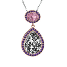 Beyaz zirkon, pembe kuvars ve ametist 925 ayar rose altın kaplama gümüş kolye (40 cm beyaz altın rolo zincir)