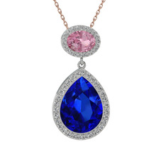Lab safir, pembe kuvars ve beyaz zirkon 18 ayar beyaz altın kolye (40 cm rose altın rolo zincir)
