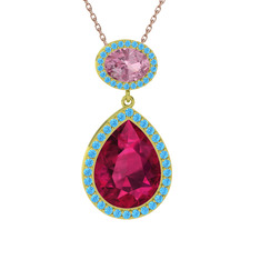 Rodolit garnet, pembe kuvars ve akuamarin 8 ayar altın kolye (40 cm rose altın rolo zincir)
