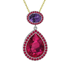 Lupine Kolye - Rodolit garnet ve ametist 14 ayar beyaz altın kolye (40 cm gümüş rolo zincir) #1h0itru