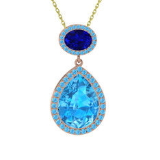 Akuamarin ve lab safir 18 ayar rose altın kolye (40 cm altın rolo zincir)