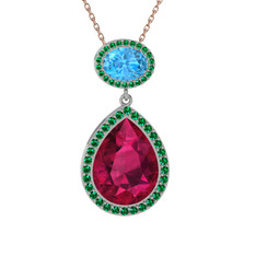 Rodolit garnet, akuamarin ve yeşil kuvars 18 ayar beyaz altın kolye (40 cm rose altın rolo zincir)