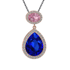 Lab safir, pembe kuvars ve beyaz zirkon 8 ayar rose altın kolye (40 cm gümüş rolo zincir)