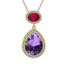Lupine Kolye - Ametist, rodolit garnet ve beyaz zirkon 14 ayar altın kolye (40 cm rose altın rolo zincir) #1hhb25j
