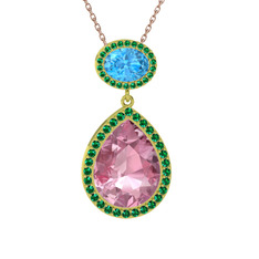 Pembe kuvars, akuamarin ve yeşil kuvars 18 ayar altın kolye (40 cm rose altın rolo zincir)