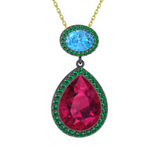 Rodolit garnet, akuamarin ve yeşil kuvars 925 ayar siyah rodyum kaplama gümüş kolye (40 cm altın rolo zincir)