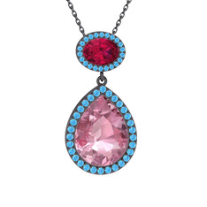 Lupine Kolye - Pembe kuvars, rodolit garnet ve akuamarin 925 ayar siyah rodyum kaplama gümüş kolye (40 cm gümüş rolo zincir) #1i6x316