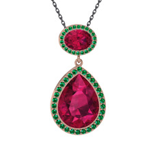 Rodolit garnet ve yeşil kuvars 925 ayar rose altın kaplama gümüş kolye (40 cm gümüş rolo zincir)