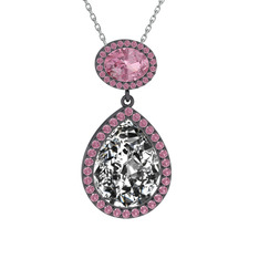 Lupine Kolye - Beyaz zirkon ve pembe kuvars 925 ayar siyah rodyum kaplama gümüş kolye (40 cm gümüş rolo zincir) #1ixy258