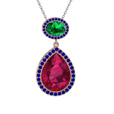 Lupine Kolye - Rodolit garnet, yeşil kuvars ve lab safir 8 ayar rose altın kolye (40 cm beyaz altın rolo zincir) #1j19q7z