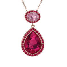 Rodolit garnet ve pembe kuvars 14 ayar rose altın kolye (40 cm rose altın rolo zincir)