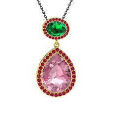 Pembe kuvars, yeşil kuvars ve rodolit garnet 925 ayar altın kaplama gümüş kolye (40 cm gümüş rolo zincir)