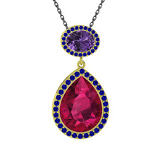 Rodolit garnet, ametist ve lab safir 14 ayar altın kolye (40 cm gümüş rolo zincir)