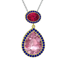Pembe kuvars, rodolit garnet ve lab safir 14 ayar altın kolye (40 cm gümüş rolo zincir)